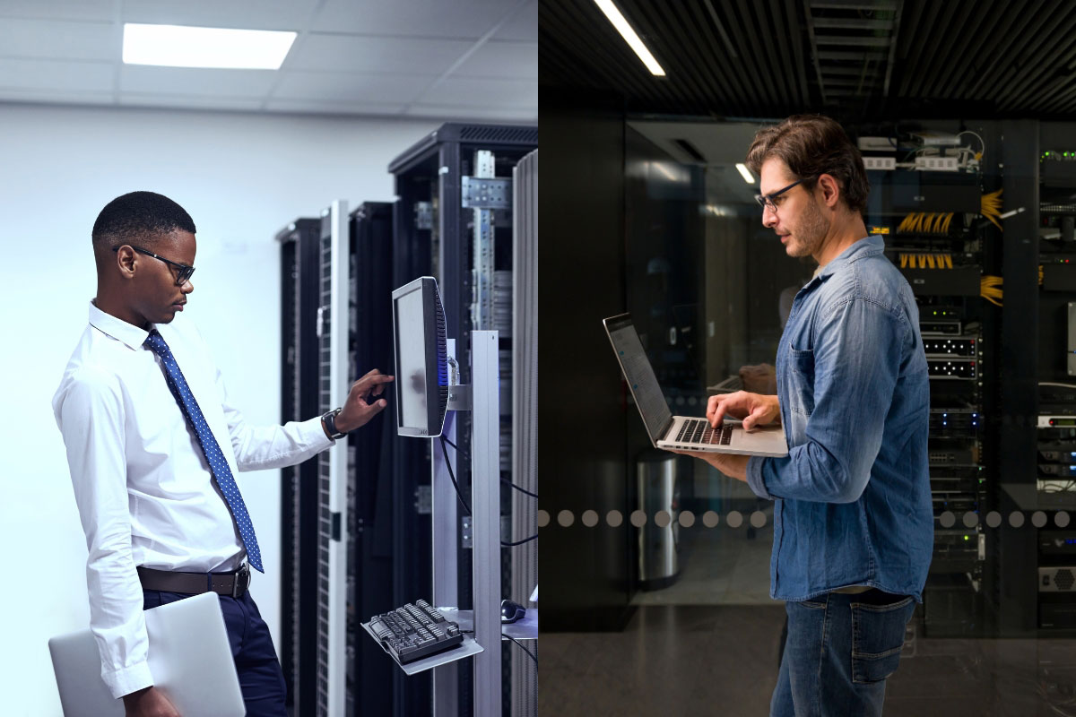 Split screen showing two professional IT technicians configuring servers and laptops at different locations and time zones during a coordinated wave rollout