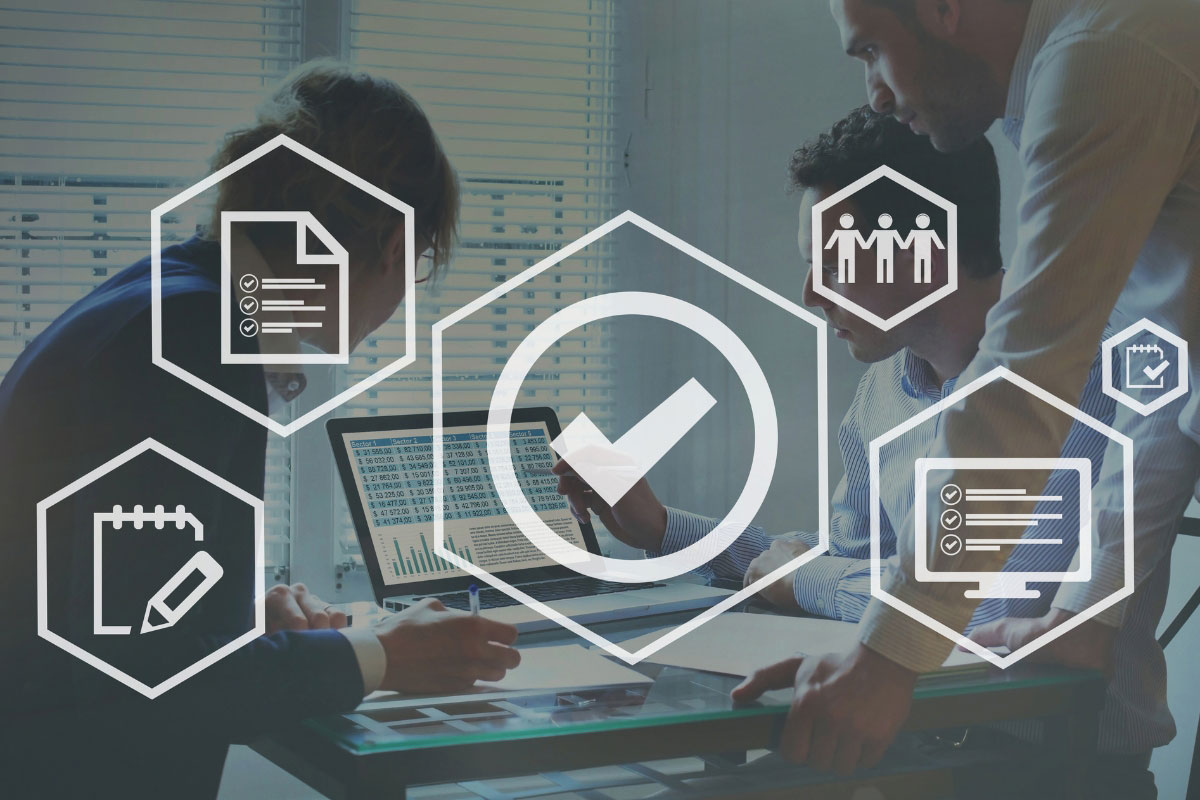 Professional team performing IT due diligence with digital icons representing system verification.