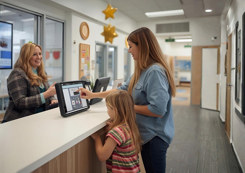 Secure childcare facility with digital check-in systems and connected classroom technology.